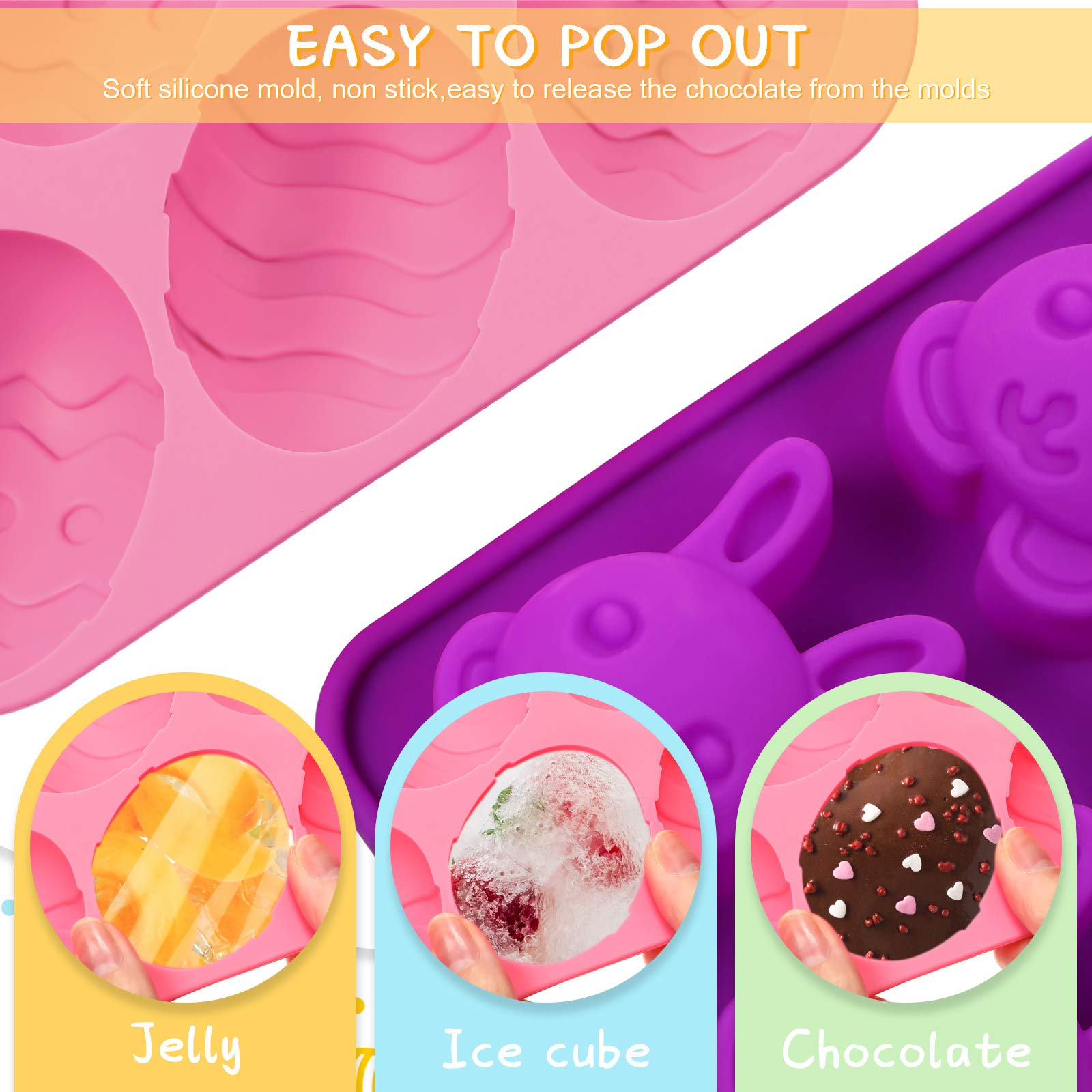 Geiserailie 2-Piece Easter Bunny Egg Shaped Silicone Molds for Chocolate, Candy, Cookies, Cakes, Jelly, Ice Cubes & Soap Making - Perfect for Easter Parties, DIY Desserts & Holiday Baking