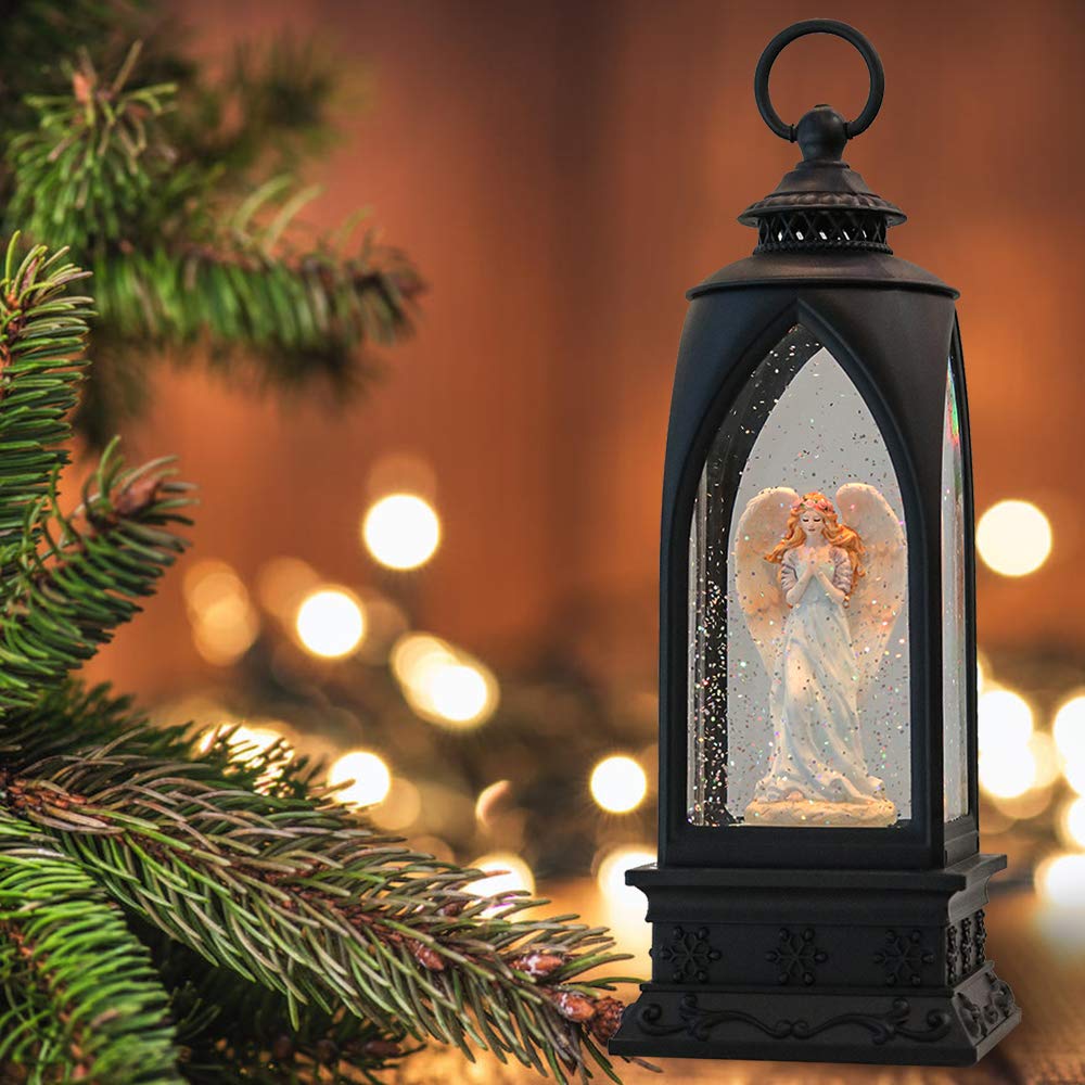 Eldnacele 12-Inch Musical Christmas Snow Globe Lantern with Angel Design, Timer & USB/Battery Power - Glittering Water Nativity Scene for Holiday Centerpiece, Home Decor, Party & Gift Giving