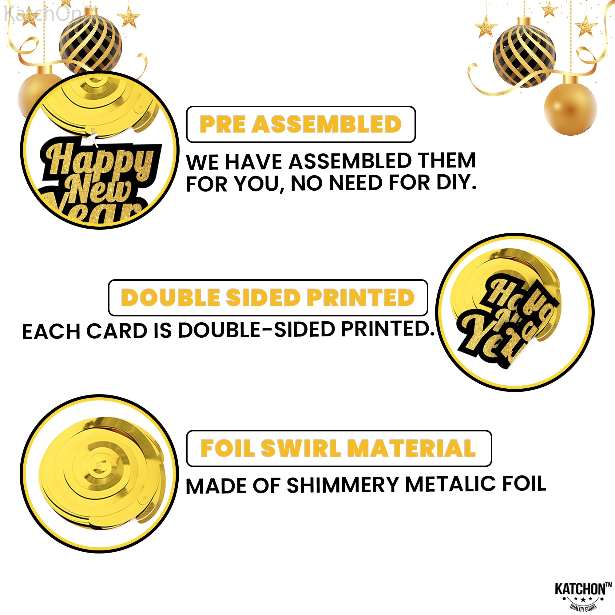 KatchOn 30-Pack Shiny Happy New Year Hanging Swirls - 2025 New Year's Eve Party Supplies & Decorations for Home, Office, and Festive Celebrations
