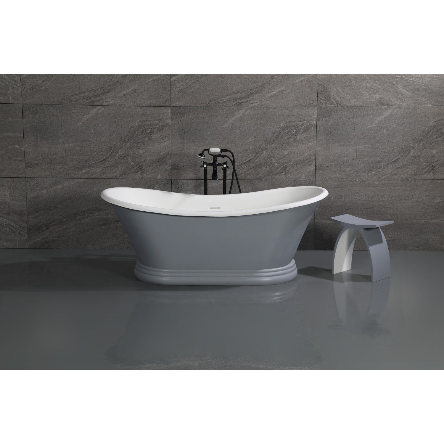 Arcticstone 67 Inch Oval Double Slipper Pedestal Bathtub - Glossy White/Matte Gray Solid Surface Freestanding Tub with Drain (No Faucet Holes) | Perfect for Luxury Bathrooms, Spa Retreats & Modern Home Decor