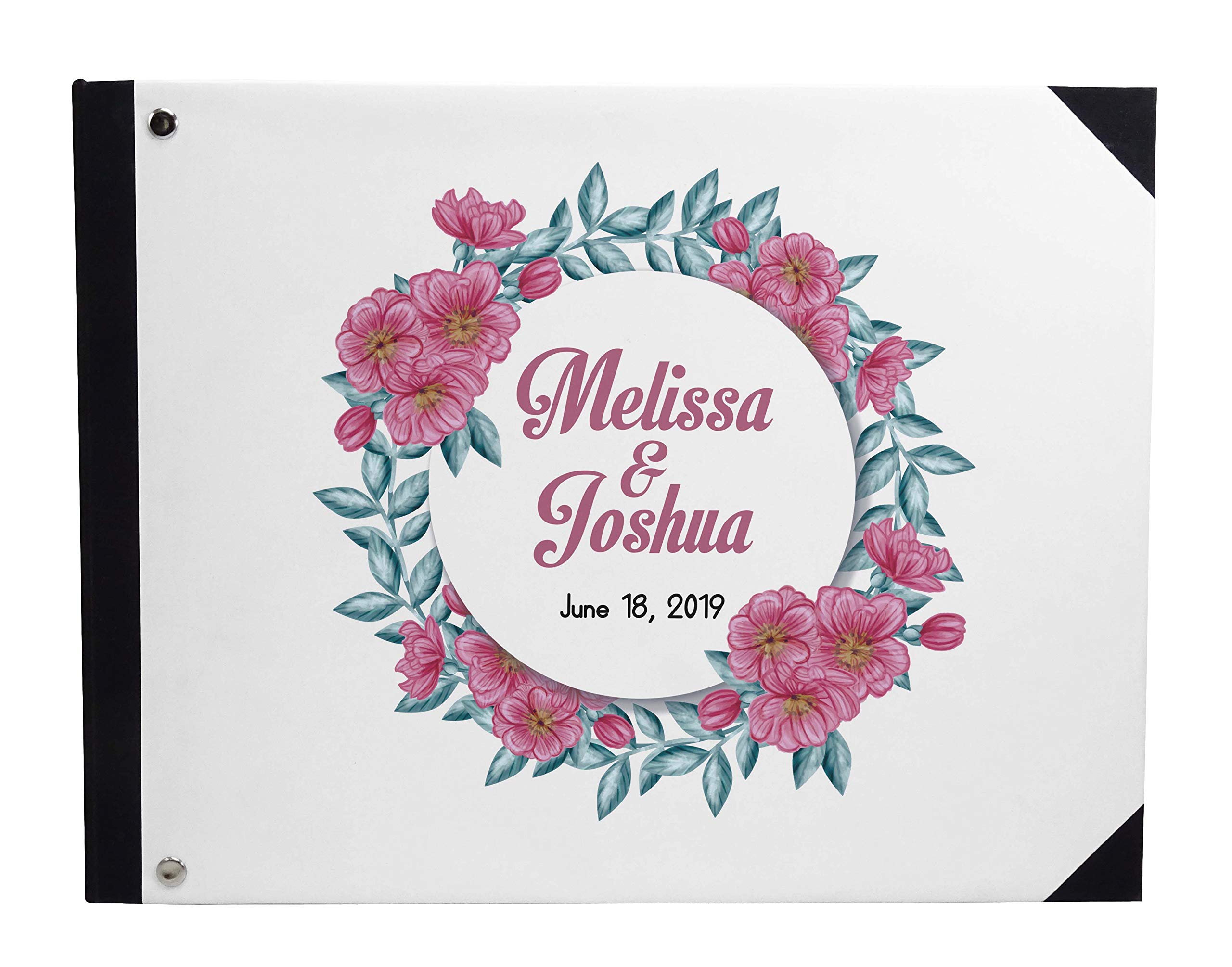 Elegant White Floral Wreath Printed Wedding Guest Book - 9 x 12 Inches Hardbound Cover, Sign-in Registry Scrapbook for Bridal Showers, Receptions & Anniversary Celebrations