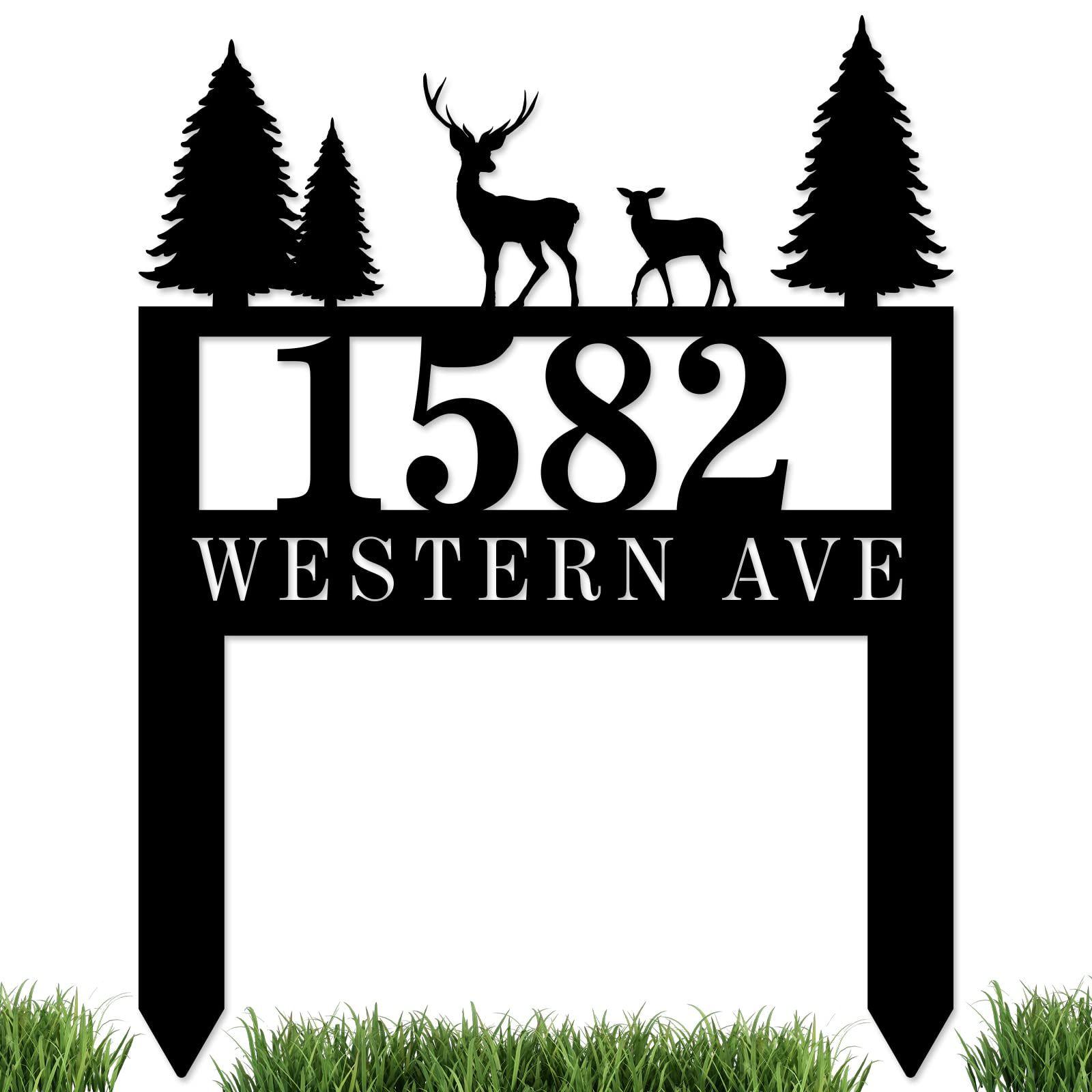 Personalized Modern Metal House Numbers for Outside - Custom Address Plaque with Deer & Stakes - Durable Yard Sign for Home, Garden & Mailbox Decoration