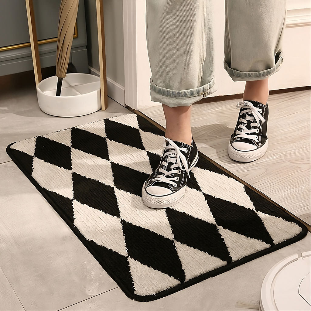 Black and White Argyle Print Accent Rug - Non-Slip Small Area Rug for Living Room, Bedroom, Dorm Decor - Perfect for Home, Office, and Entryway Floor Mat