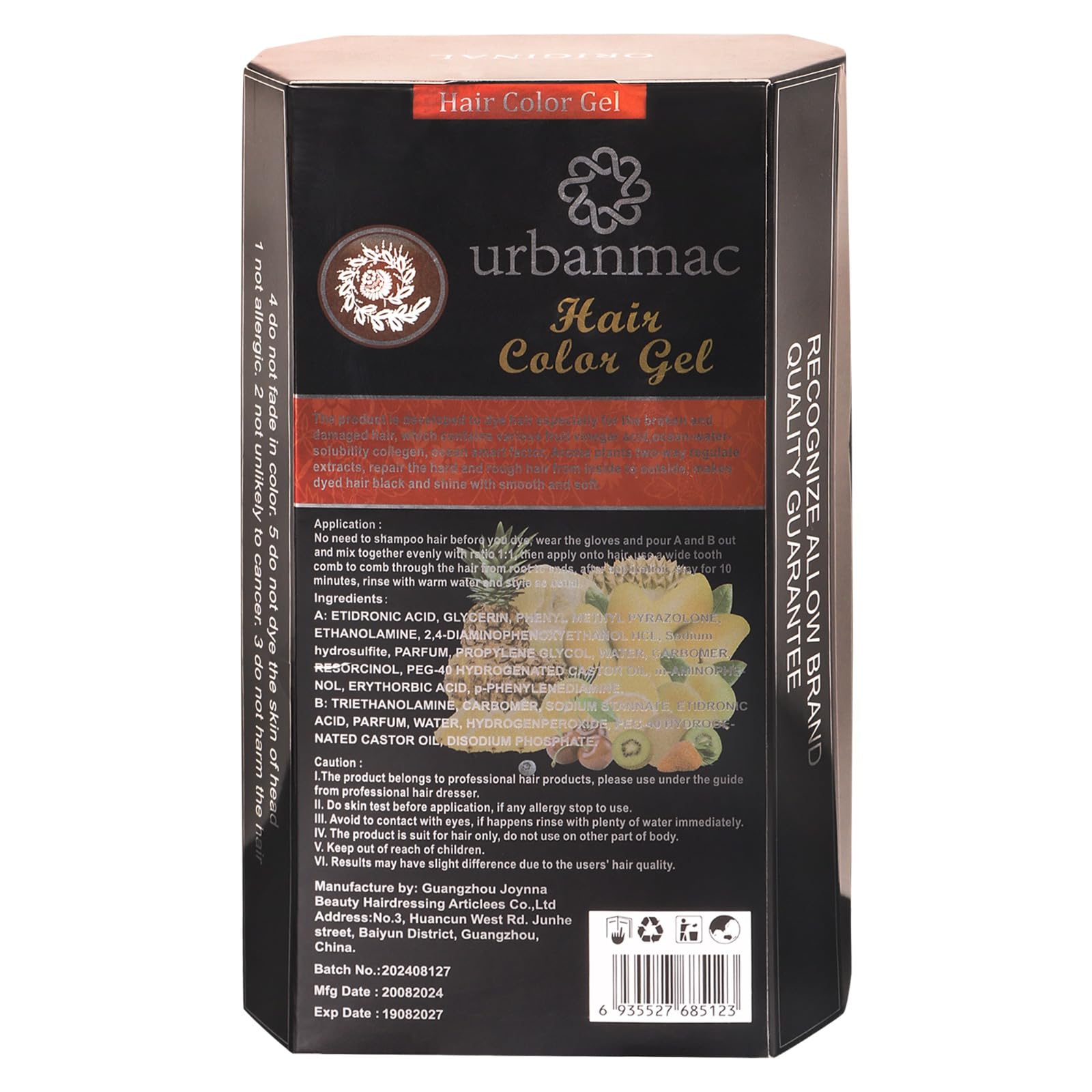 URBANMAC Natural Fruit Vinegar Gel Hair Dye for Black Hair - Ammonia Free, Long Lasting Color (500ml x 2) - Perfect for At-Home Hair Coloring & Gray Coverage