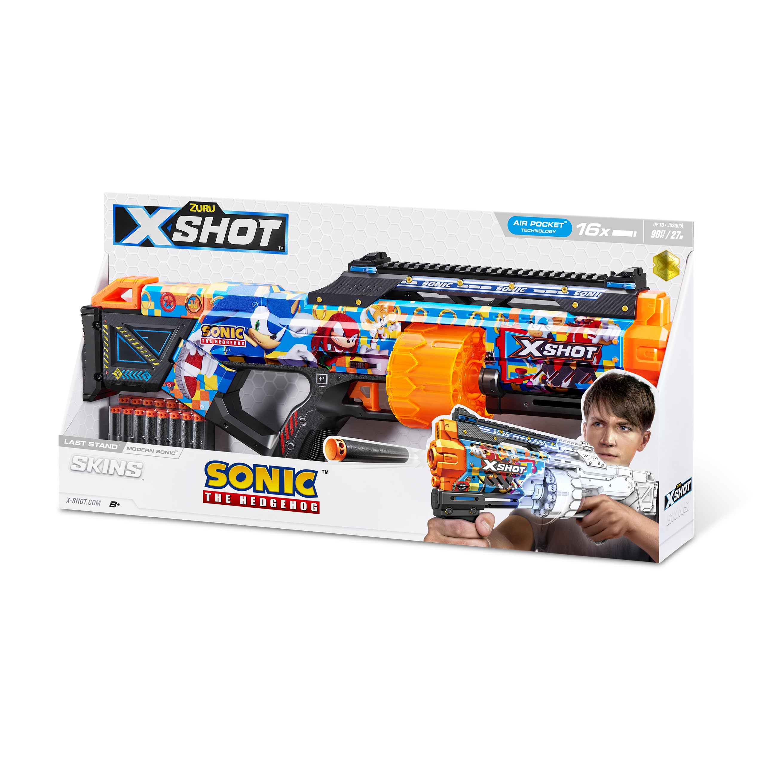 X-Shot Skins Last Stand Blaster - Sonic The Hedgehog Foam Dart Blaster with 16 Darts, Slam Fire Action & Air Pocket Technology | Toy Blaster for Kids, Teens & Adults | Perfect for Nerf Battles, Outdoor Play & Collectible Fun