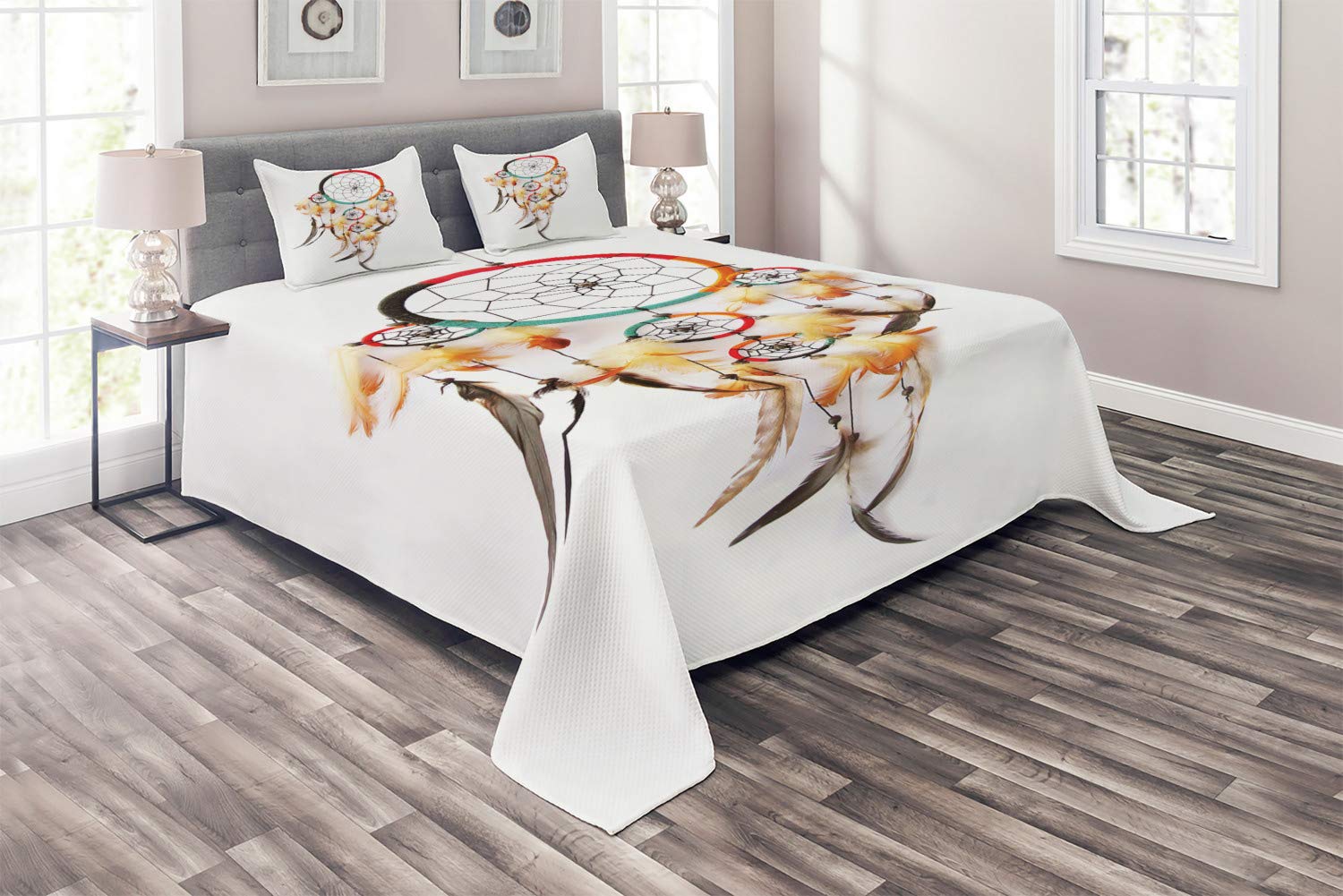 Ambesonne Tribal King Size 3-Piece Quilted Bedspread Set with 2 Pillow Shams - Bohemian Dreamcatcher Design, Indigenous Feather Pattern, Retro Multicolor Bedding for Master Bedroom & Guest Room Decor