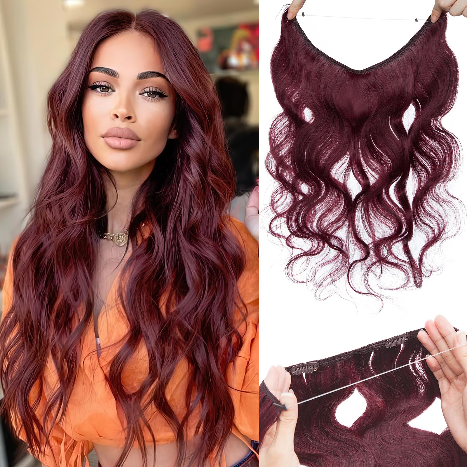 Benehair Halo Hair Extensions 100% Real Human Hair - Wavy & Curly Halo Extensions, 20inch Wine Red (70g) - Perfect for Weddings, Parties & Daily Styling