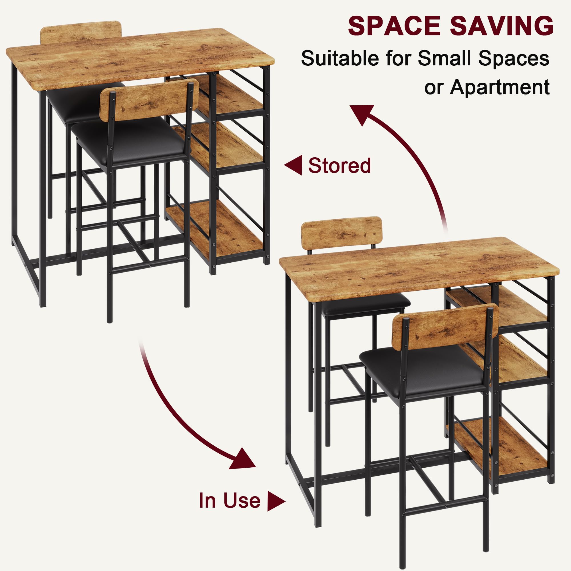 **IDEALHOUSE 2-Piece Kitchen Table Set with Storage Shelf & Upholstered Chairs - Rustic Brown Dining Table for Small Spaces, Apartments - Perfect for Breakfast Nooks, Studio Dining, and Cozy Meals**