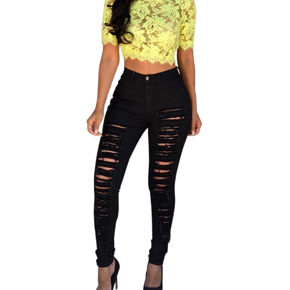 Women's Ripped Skinny Jeans - Frayed & Destroyed Slim Leg Denim Pants with Pockets | Trendy Distressed Jeans for Casual Wear & Night Out