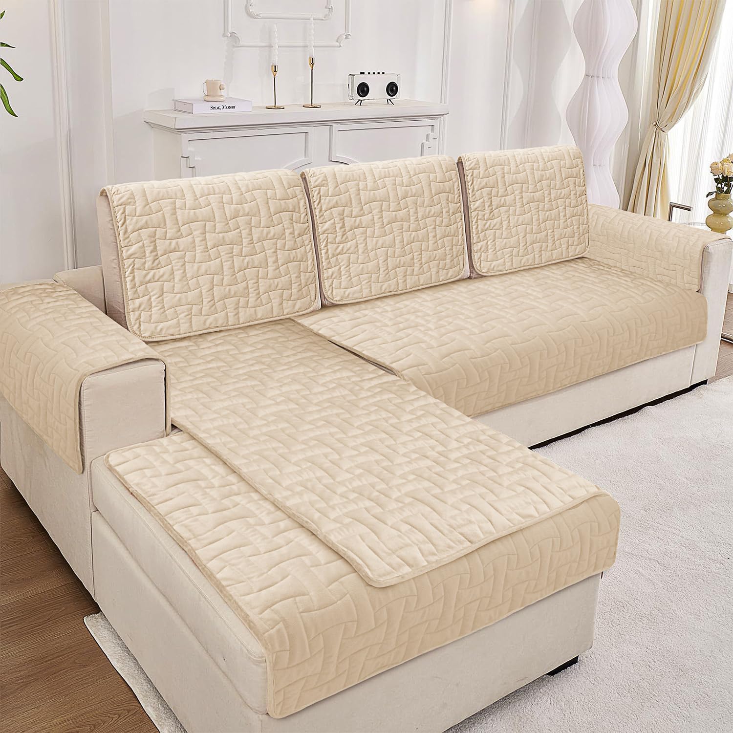 Premium Velvet Recliner Covers - Waterproof & Non-Slip Sofa Protector for Dogs & Cats - 23x38 Inch Beige Sectional Couch Cover (1 Piece) - Perfect for Pet Owners & Furniture Protection in Living Rooms