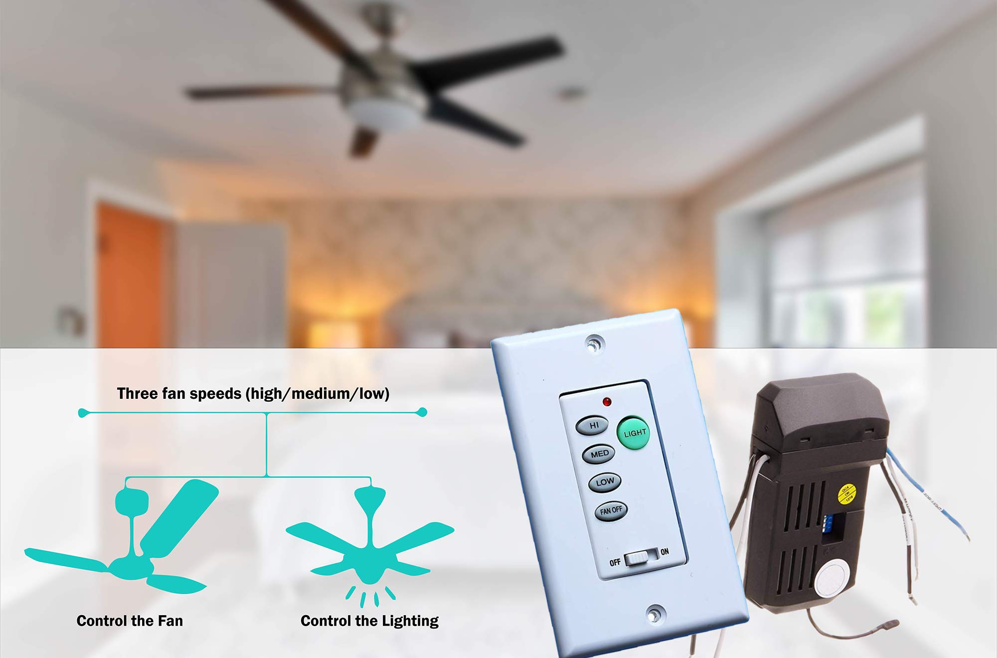 Dysmio Ceiling Fan and Light Wall Control Kit - Adjustable Speed & Dimmer Remote for Quiet Bedroom, Living Room, or Office Use