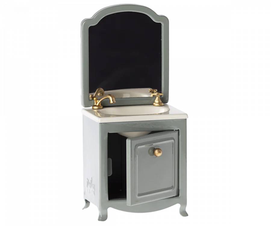 Maileg Dark Mint Mouse Sink Dresser with Mirror - Adorable Miniature Furniture for Dollhouse Decor & Kids Pretend Play