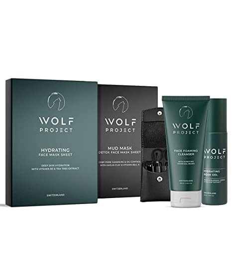 Wolf Project Korean Face Mask Skin Care Kit - Charcoal Face Wash, Pore Minimizer Mud Mask, Anti-Aging Moisturizer, Hydrating Sheet Mask & Nail Kit | Deep Cleansing & Hydration for Glowing Skin | Perfect for Spa Night & Self-Care Routine