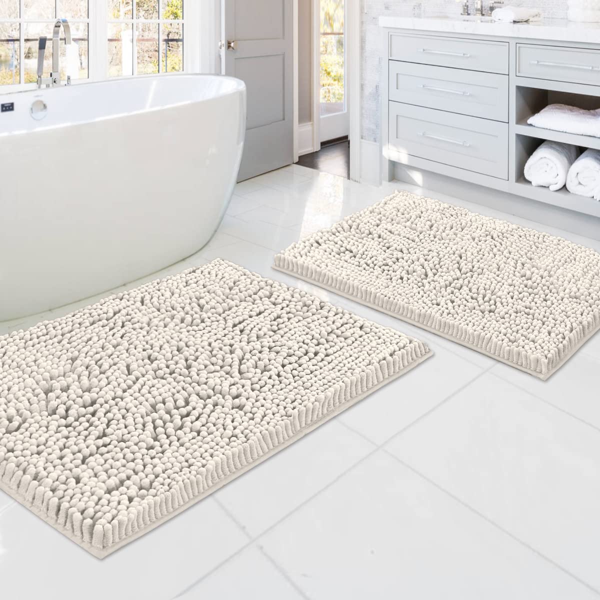 Premium Non-Slip Chenille Bathroom Rugs Set - Ultra Soft Absorbent Shaggy Bath Mats, Washable & Quick Dry, 2-Piece (Ivory, 20