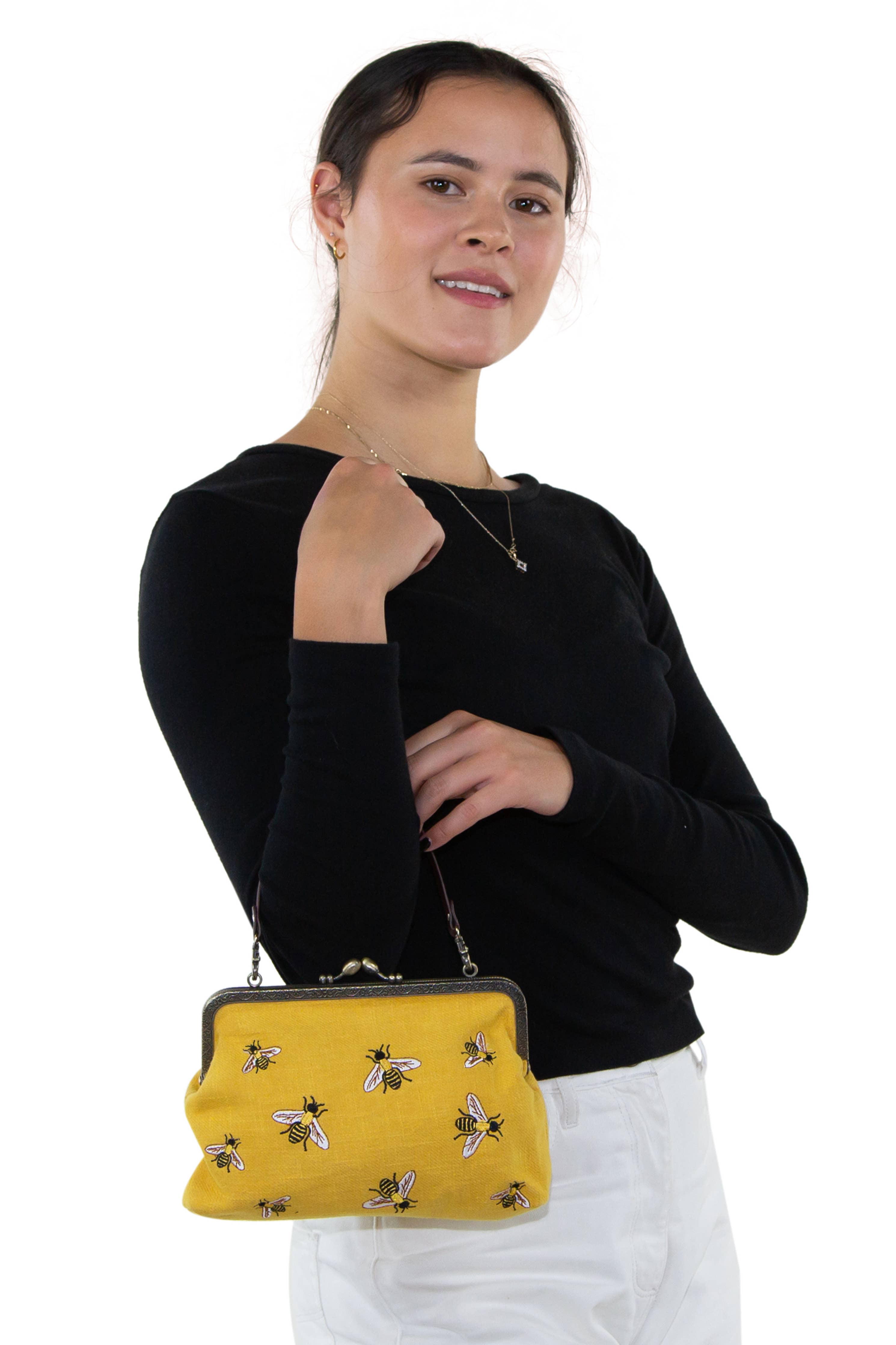 Bees Kisslock Handbag for Women - Vintage Style Black Leather Crossbody Purse with Gold Hardware | Perfect for Date Night, Office & Evening Events