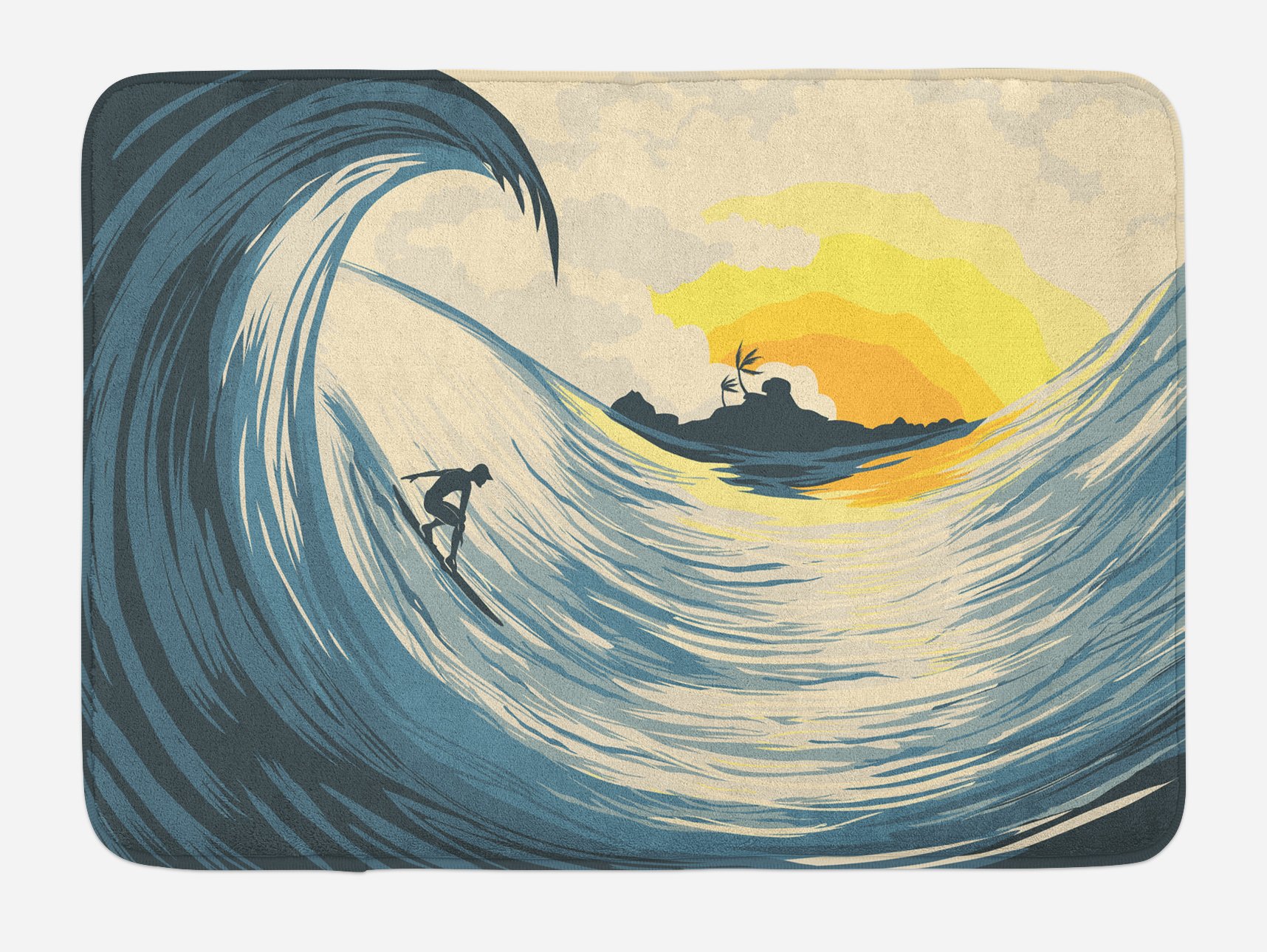 Ambesonne Non-Slip Plush Bath Mat - Tropical Sunset Ocean Wave & Surfer Design, 30.2 x 20 Inches, Beige Yellow Navy - Soft Bathroom Rug for Coastal Decor, Beach House Essentials, Spa & Shower Mat