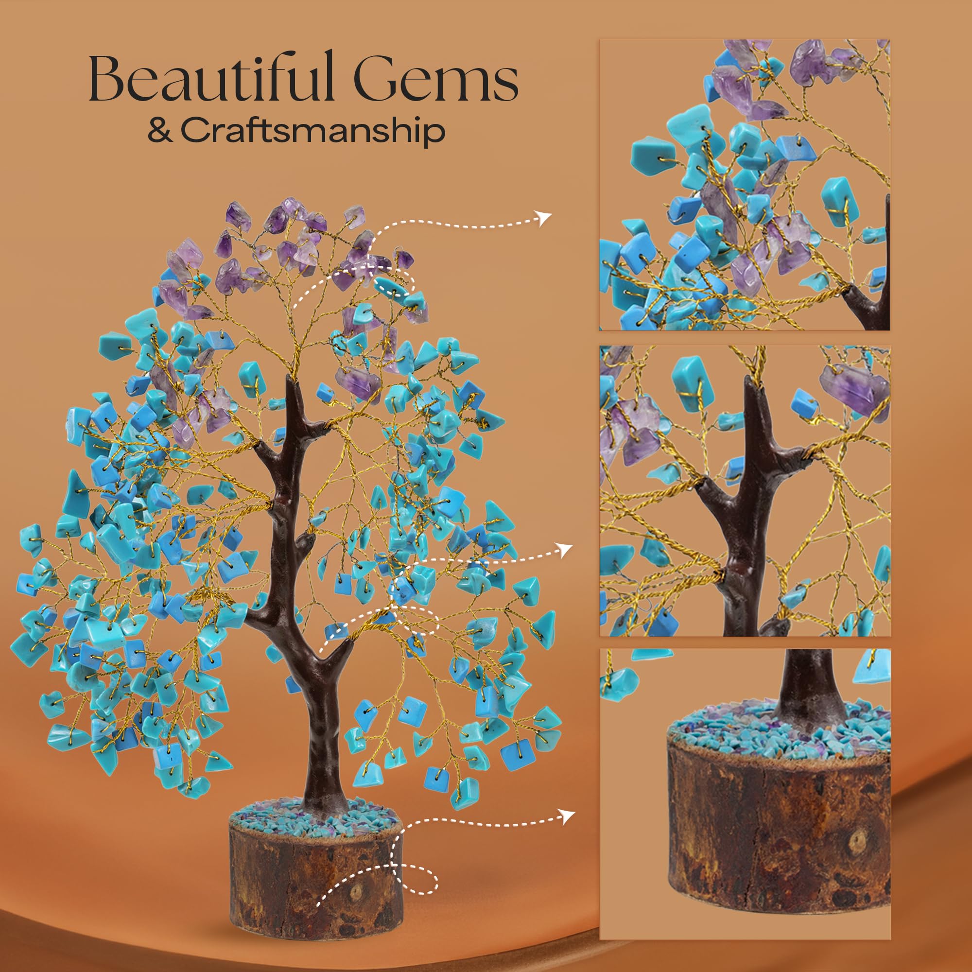 Turquoise & Amethyst Healing Crystal Tree with 2 Chakra Pendants - 10-12