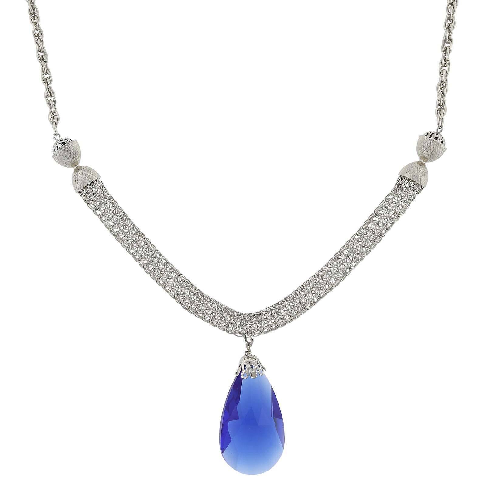 1928 Jewelry Mesh Chain with Large Blue Teardrop Pendant Necklace - 18 Inch Vintage Style Statement Necklace for Women, Perfect for Evening Parties, Weddings & Special Occasions