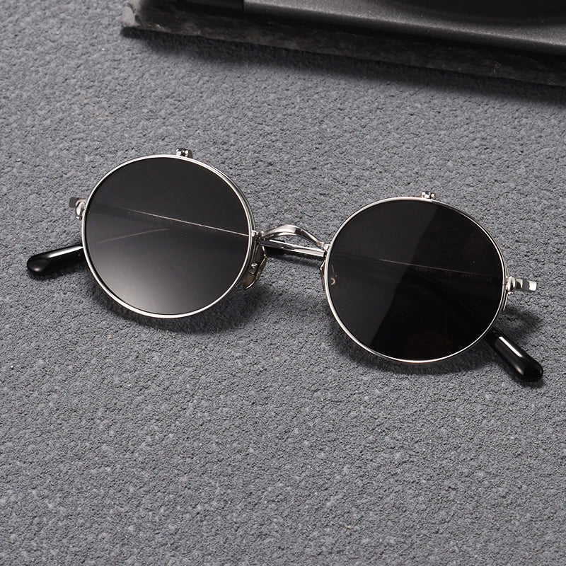 Unisex Black Titanium Semi-Rim Round Flip-Up Polarized Sunglasses K54 - Stylish & Durable for Driving, Outdoor Sports & Fashion