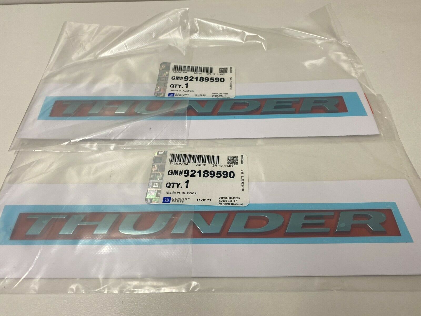 Genuine Holden VZ VE Thunder Ute & Crewman Thunder Badge Pair 92189590 - Perfect for Car Restoration & Customization Projects