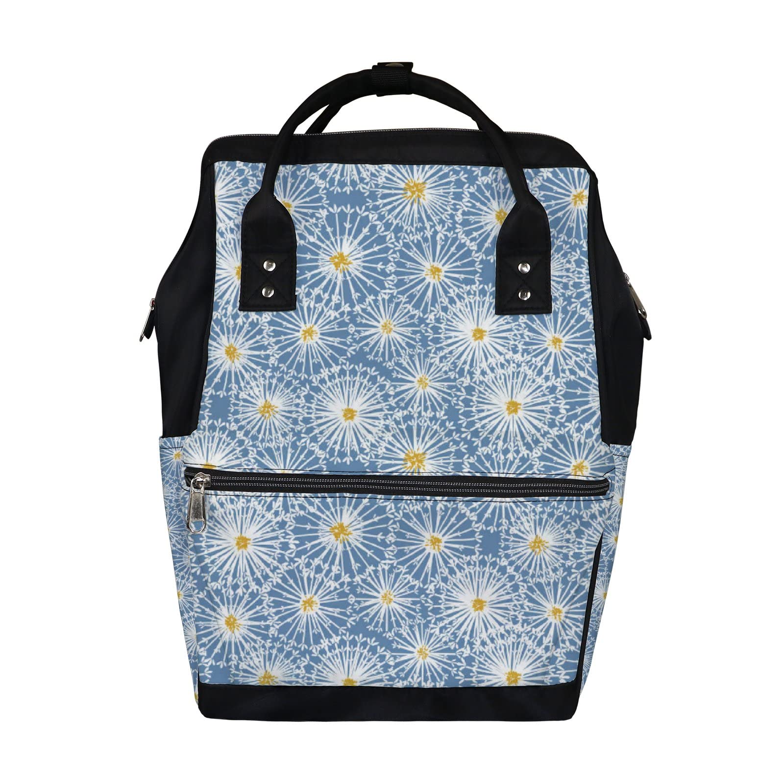Waterproof Diaper Backpack for Travel - Large Capacity Baby Nappy Changing Bag with Laptop Compartment | Blue & White Dandelion Design | Durable Unisex Backpack for Parents (Perfect for Daycare, Outings & Family Trips)