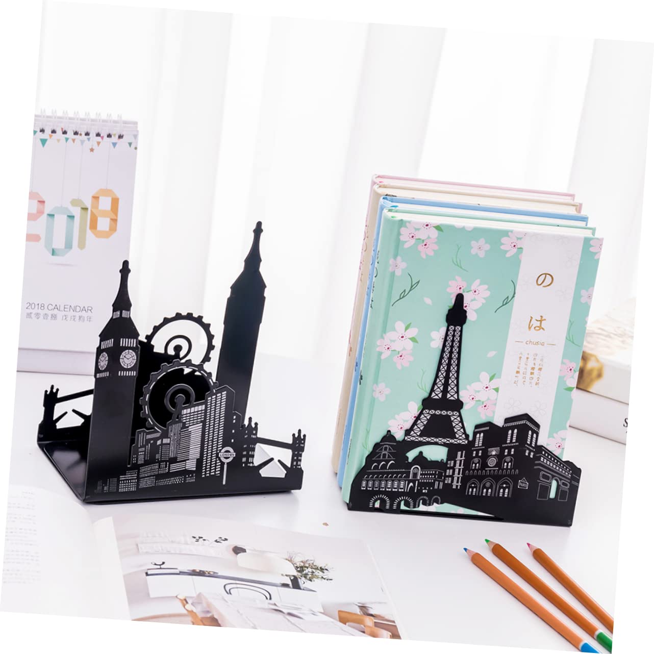 3 Pairs Creative Gold Bookends for Kids - Cool Decorative Book Stoppers, Tower Wheel Design for Shelves, Book Rack & Student Books - Perfect for Bedroom, Study Room & Classroom Organization