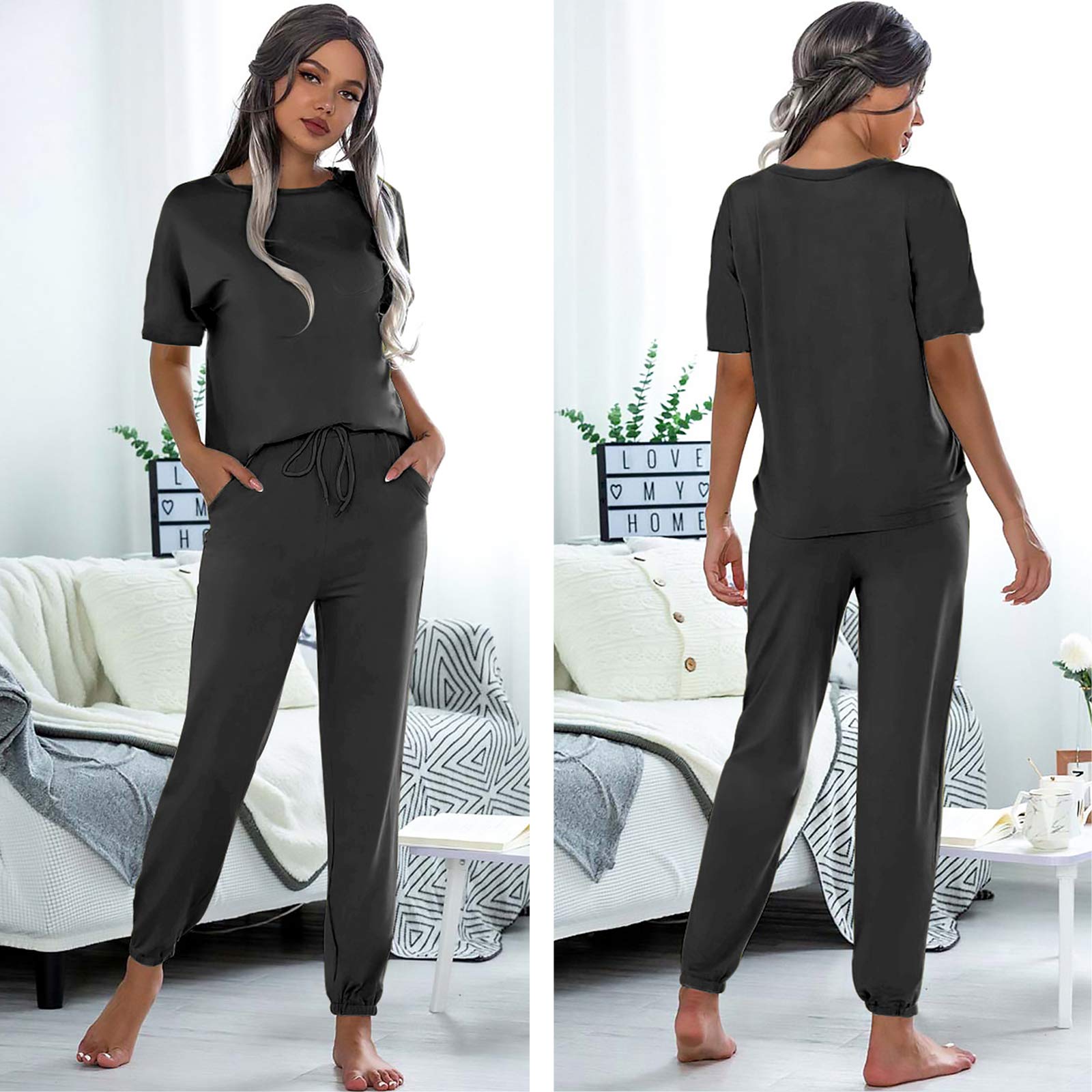 Women's 2-Piece Lounge Set - Short Sleeve & Pants for Home & Travel
