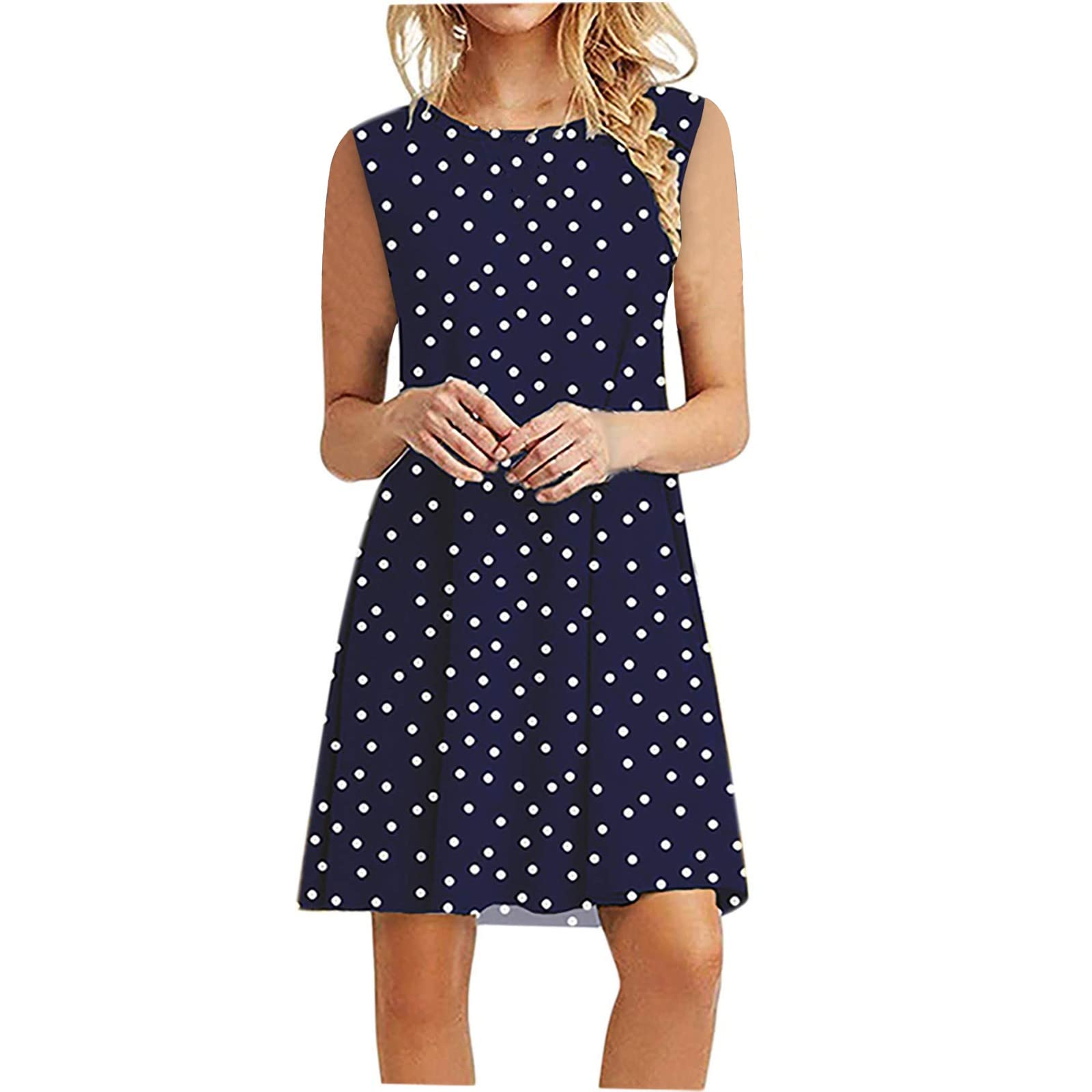 JUPAOPON Women's Polka Dot Tank Dress - Round Neck Sleeveless Flowy Mini Sundress for Casual Summer & Beach Wear | Perfect for Vacation, Outings and Date Nights