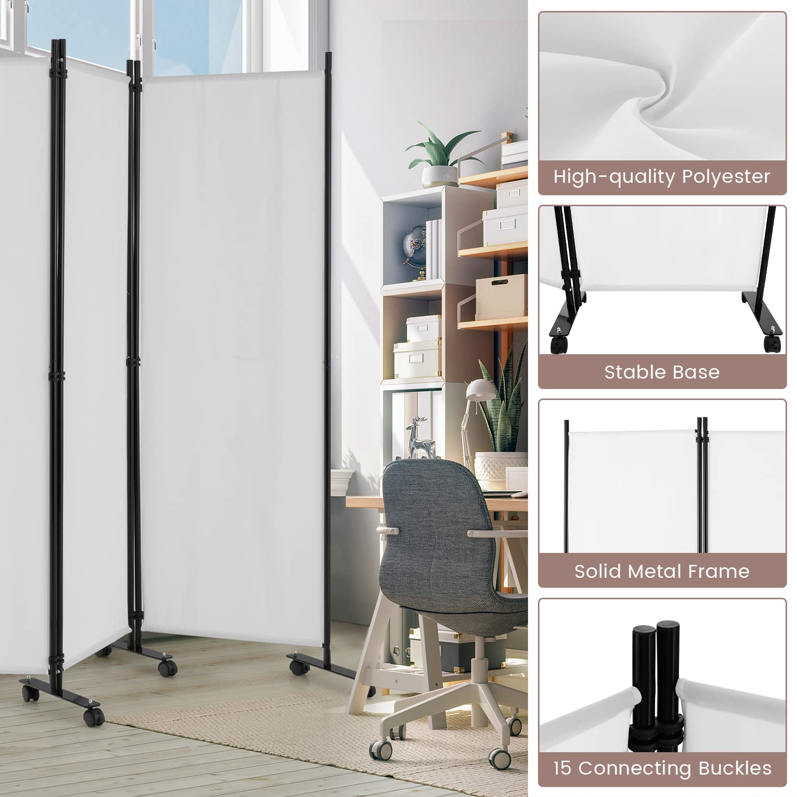 6 Panel Room Divider with Wheels - 5.6Ft Tall Portable Folding Privacy Screen, Freestanding Fabric Partition for Office, Studio, Home & Event Spaces - Durable Wear-Resistant White Room Separator (6-Panel) - Perfect for Creating Private Spaces, Dividing Rooms, and Enhancing Workspace Privacy