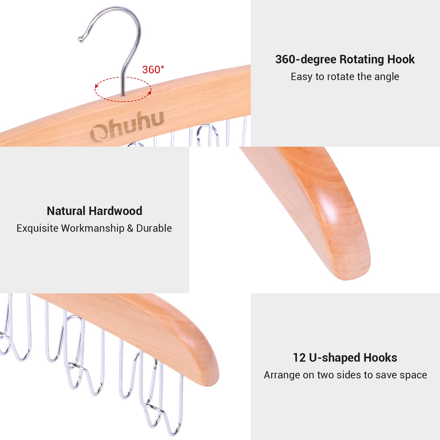 Ohuhu 360 Degree Rotating Belt & Tie Organizer - 12 Hook Wooden Closet Storage Rack for Belts, Neckties & Bow Ties - Space Saving Swivel Hanger for Bedroom, Closet & Dorm Organization