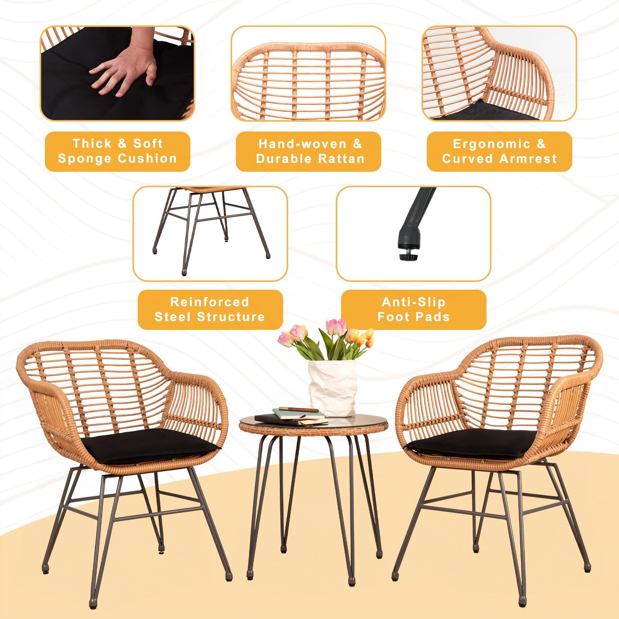3-Piece Outdoor Wicker Patio Bistro Set - Rattan Conversation Furniture for Balcony, Porch, Poolside & Garden - Weather-Resistant Black Wicker Chairs & Table - Perfect for Outdoor Dining, Lounging and Entertaining Guests