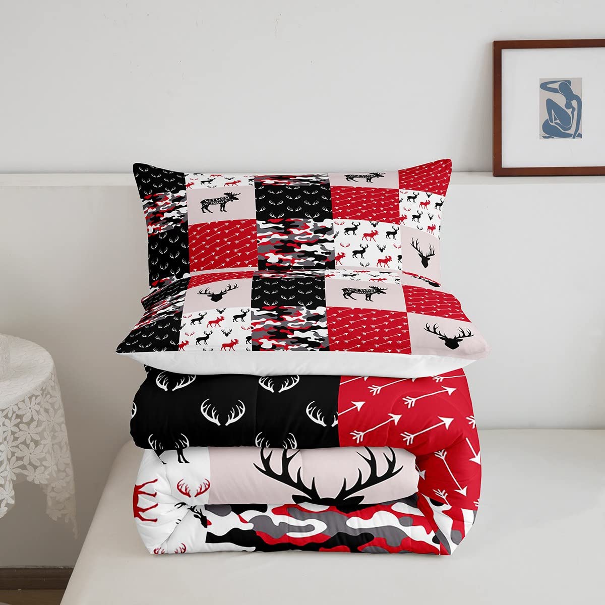 **Erosebridal Boys Camo Comforter Set - Deer Silhouette Bedding for Kids, Teens & Adults | Black White Red Camouflage Quilted Comforter with Antlers Grid Checkered Design & 2 Pillowcases | Cozy Bedroom Decor for Boys, Hunting & Outdoor Theme Rooms**