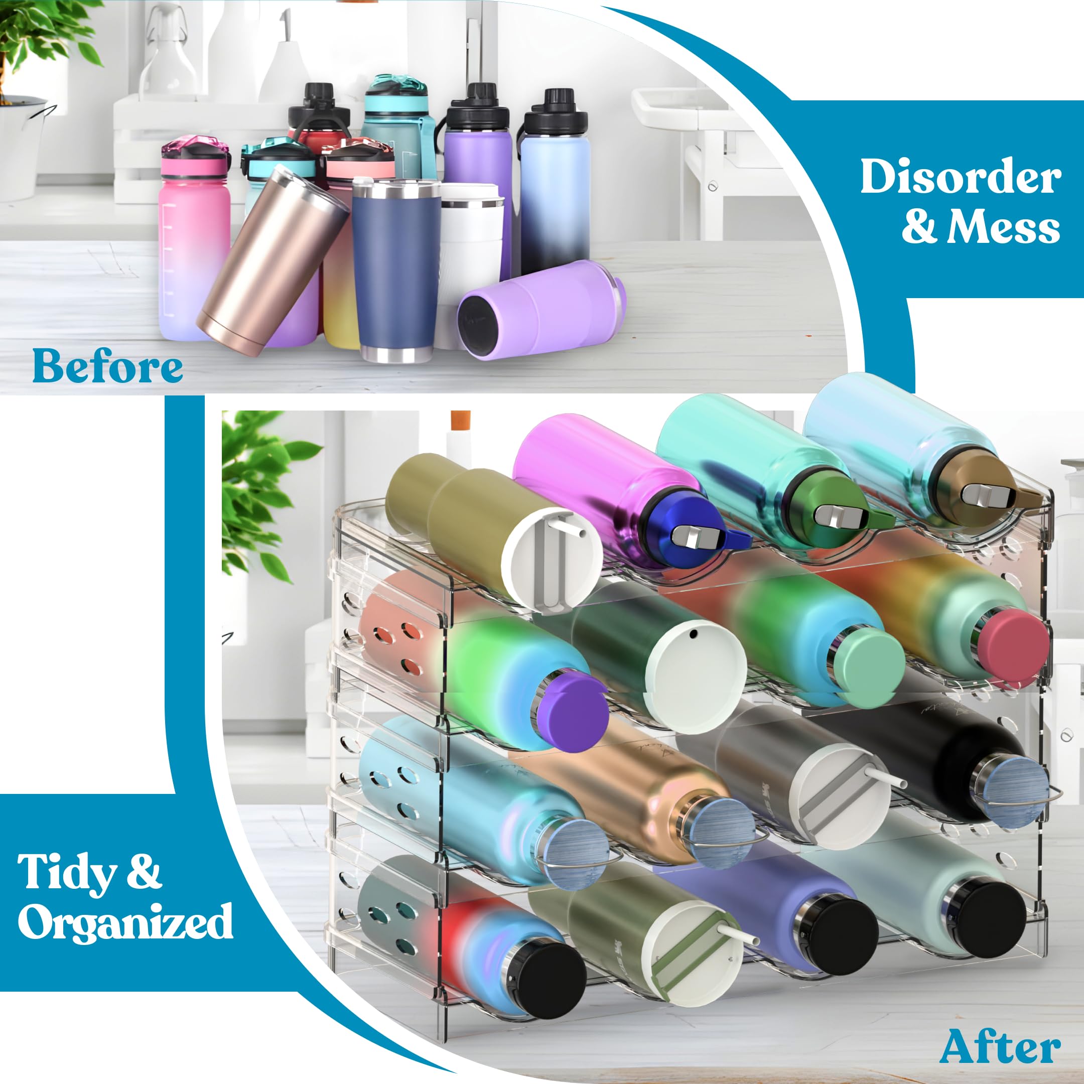 4-Tier Stackable Water Bottle Organizer for Cabinet & Pantry - Holds 16 Bottles, Space-Saving Tumbler Storage Rack for Refrigerator or Countertop - Perfect for Kitchen, Office & Dorm Organization