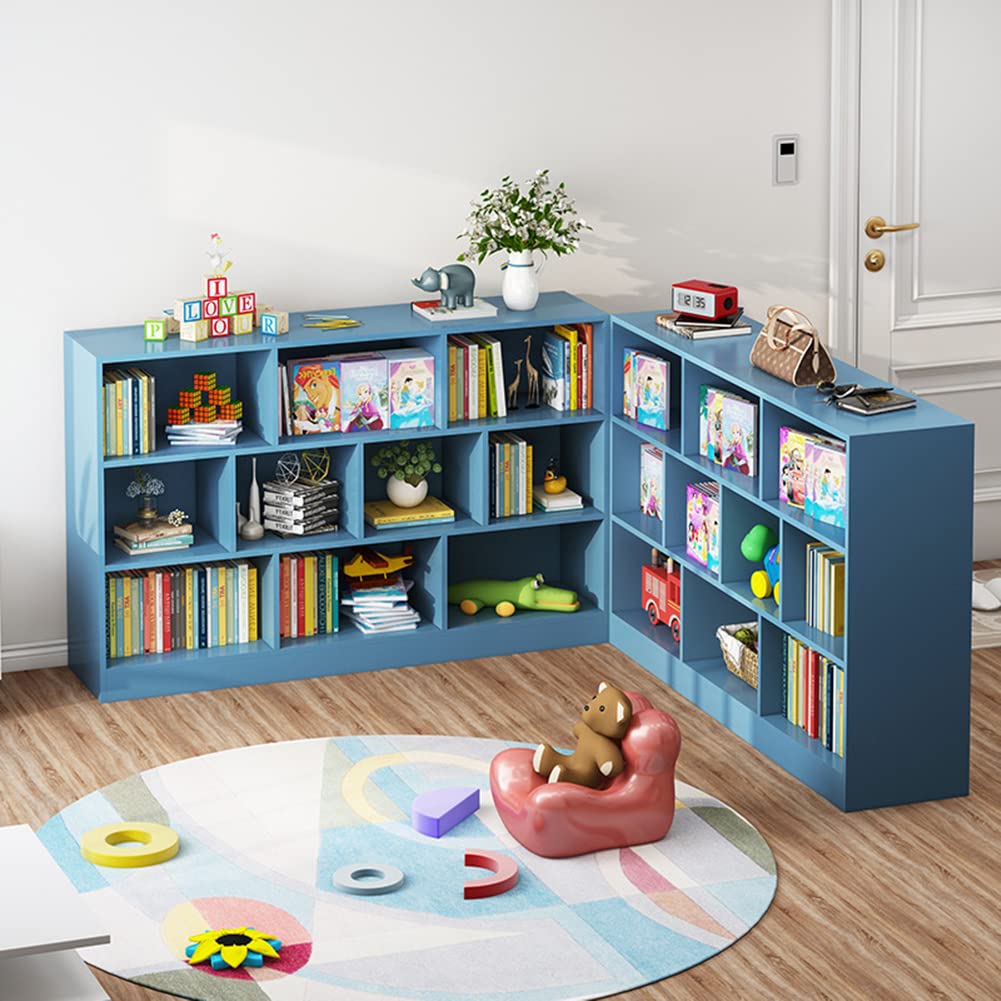 IOTXY 3-Tier Open Shelf Wooden Bookcase - Floor Standing Display Cabinet with 8 Cubes, Short Horizontal Bookshelf Organizer in Bright Blue - Perfect for Living Room, Bedroom, Office & Dorm Storage