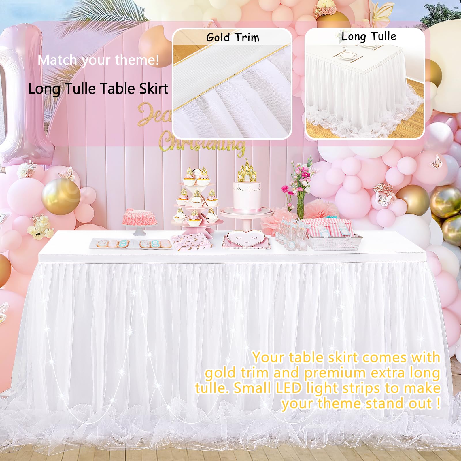 9ft White LED Tulle Table Skirt for Rectangle & Round Tables - Wedding, Bridal Shower, Birthday Party Decorations - Perfect for Banquet Halls, Reception Tables, and Special Event Centerpieces
