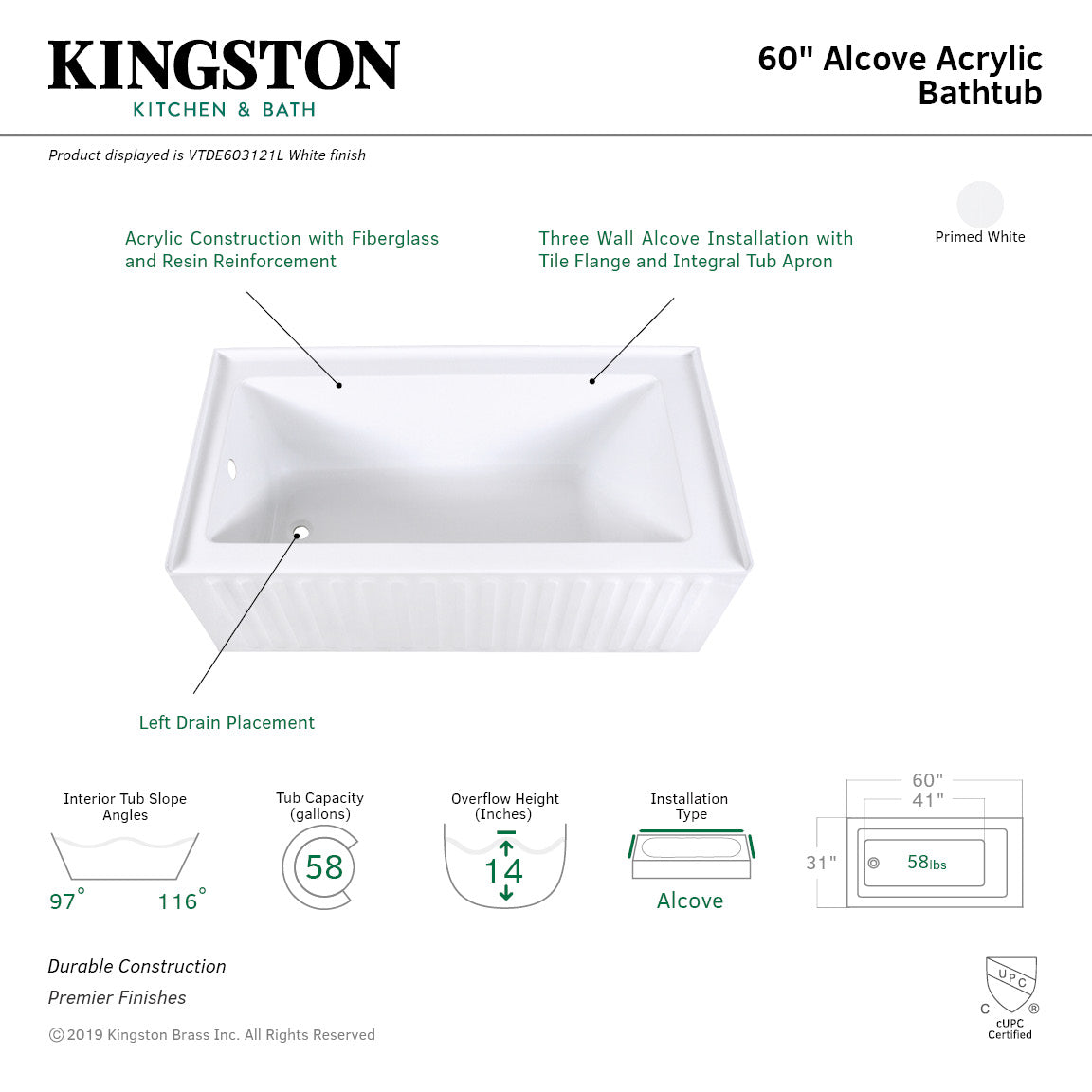 Aqua Eden VTDE603121L 60 Inch Acrylic Rectangular 3-Wall Alcove Bathtub - Left Drain Hole, Glossy White - Perfect for Modern Bathrooms & Spa-Like Retreats