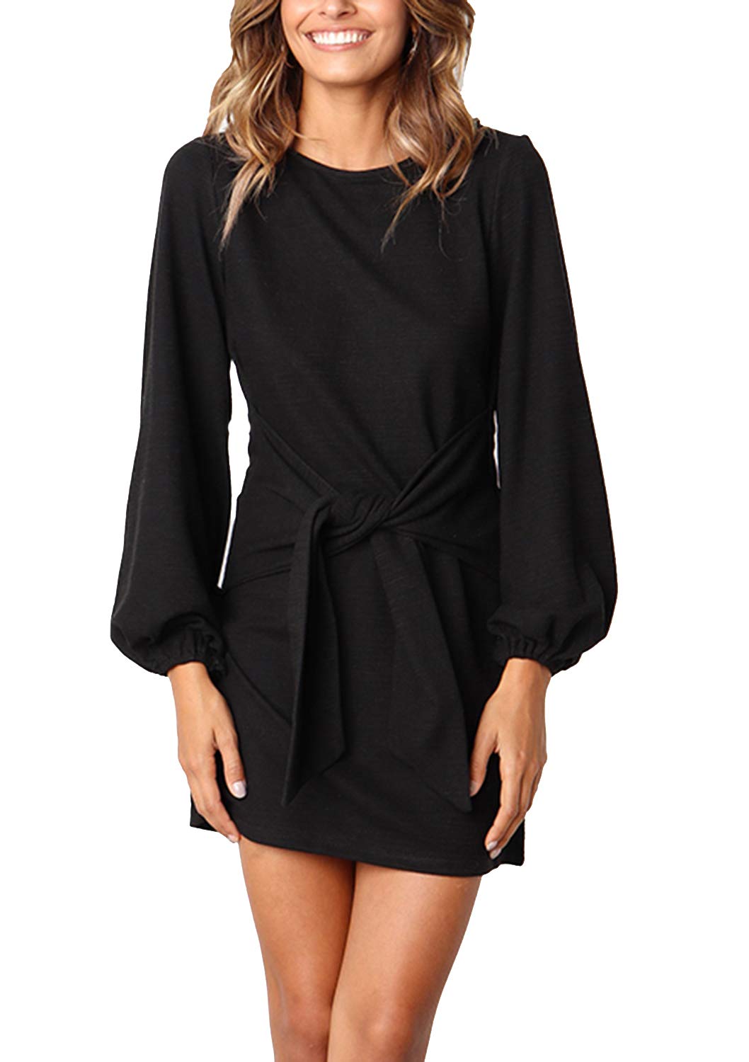 WearFun Women's Casual Round Neck Long Sleeve Tie Waist Dress - Flowy Summer Dress for Beach, Office & Date Night Outfits