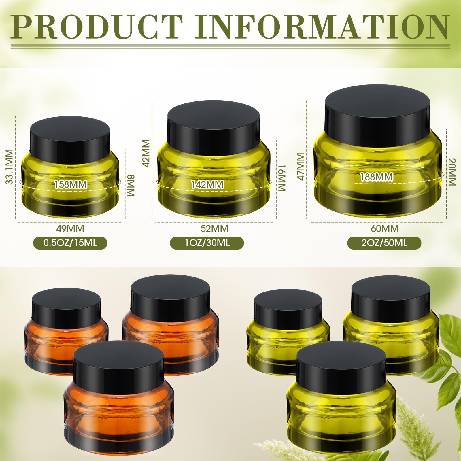 6-Piece Small Glass Jars with Airtight Lids - 0.5/1/2 oz Travel-Sized Cosmetic Containers with Inner Liners - Perfect for Toiletries, Body Cream Samples & Skincare Products (Amber & Green) - Ideal for Travel, DIY Beauty, Gift Packaging & Home Organization