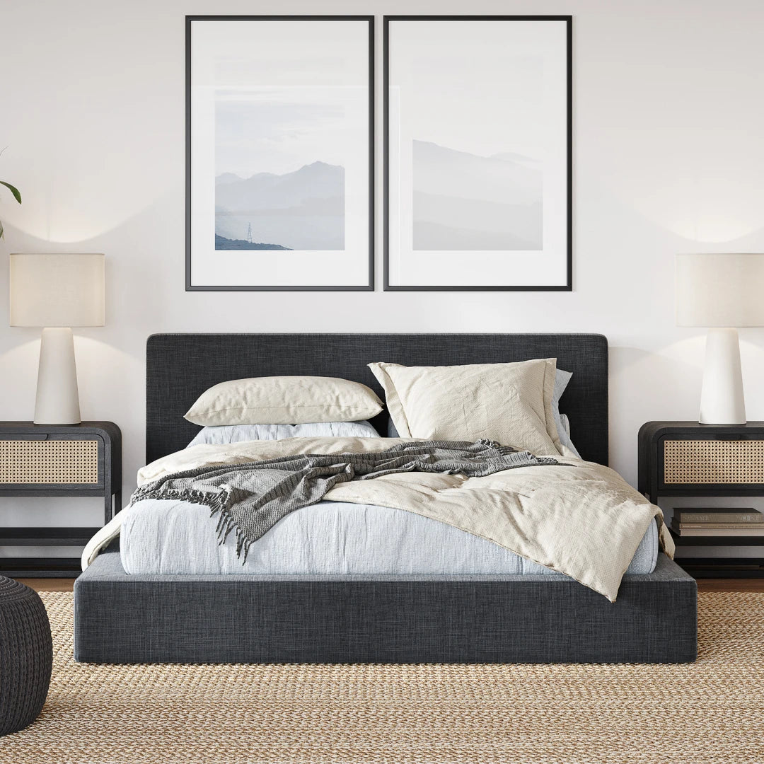 Premium Ultra Bed Set - Sturdy Bed Frame with Upholstered Headboard in Charcoal | Modern Bedroom Furniture for Master & Guest Rooms