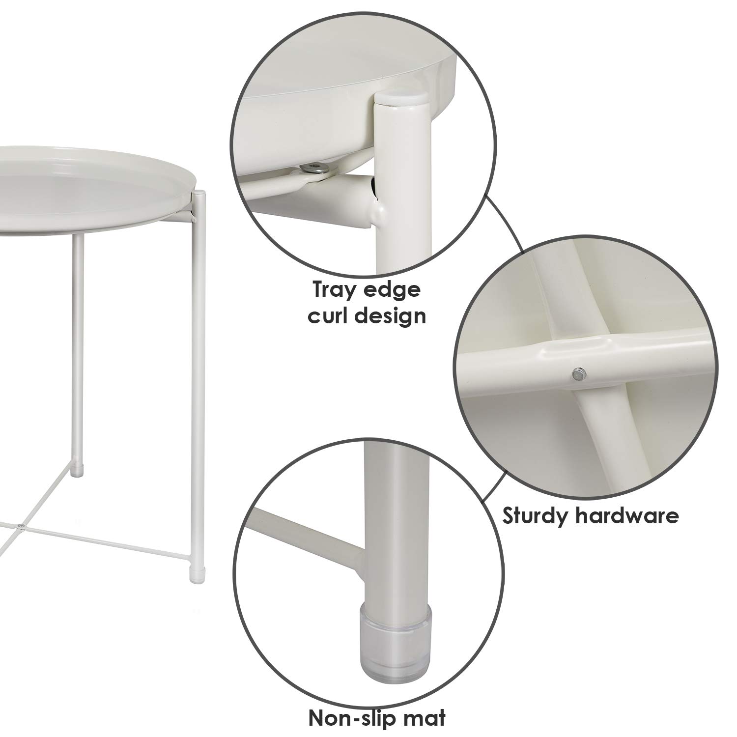 Round Metal Tray End Table - Small Side Table with Removable Tray for Living Room, Bedroom, Outdoor & Indoor Use - Perfect Nightstand and Sofa Snack Table (White)