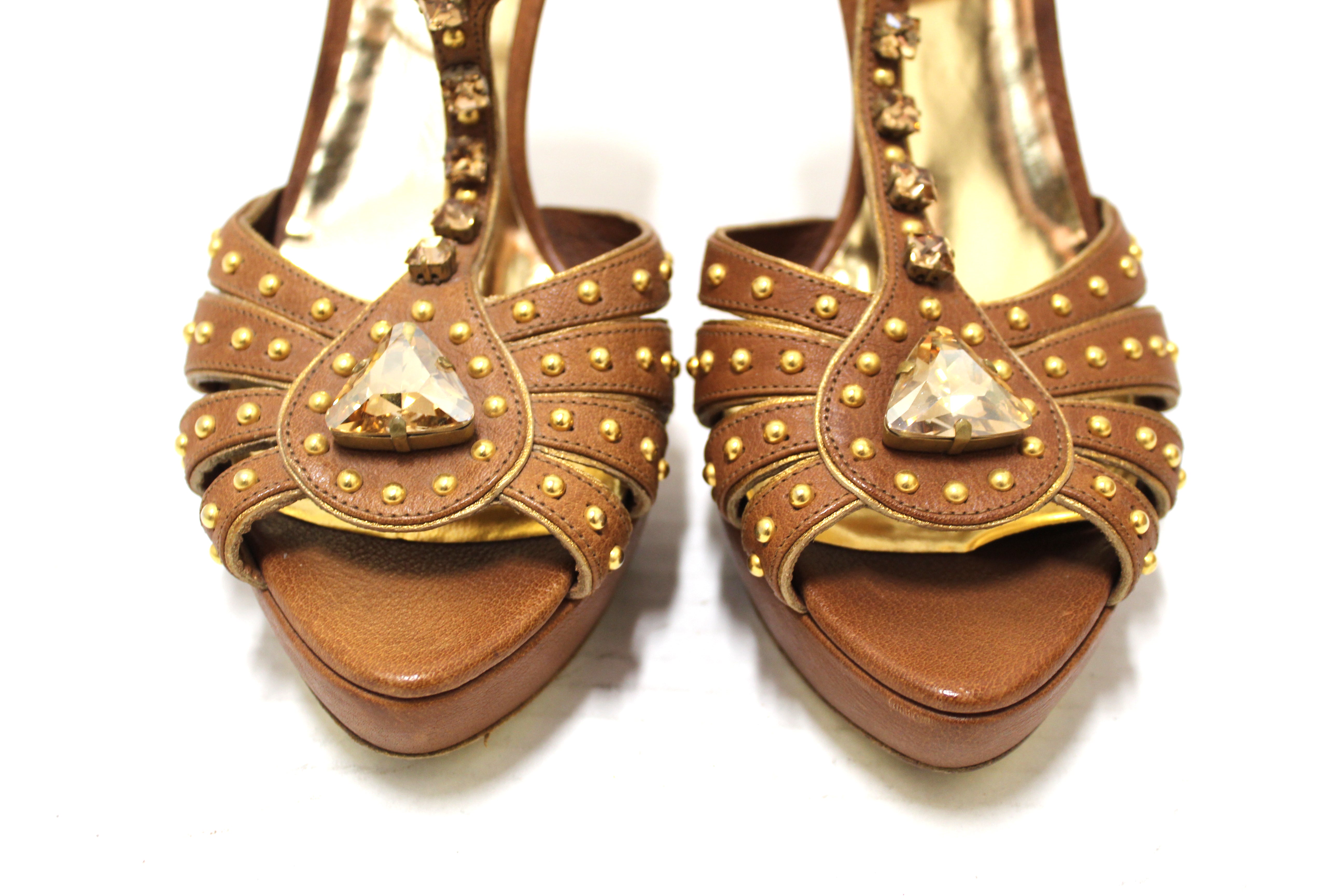 Authentic Miu Miu Brown Leather Gladiator Pump Shoes Women's Size 41/9 US - Stylish & Comfortable for Office, Party & Evening Wear