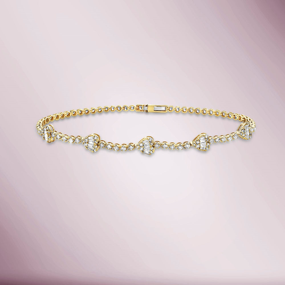 14K Gold Heart Shape Tennis Bracelet with Round & Baguette Diamonds (1.70 ct) - Elegant Buttercup Setting for Weddings, Anniversaries & Special Occasions
