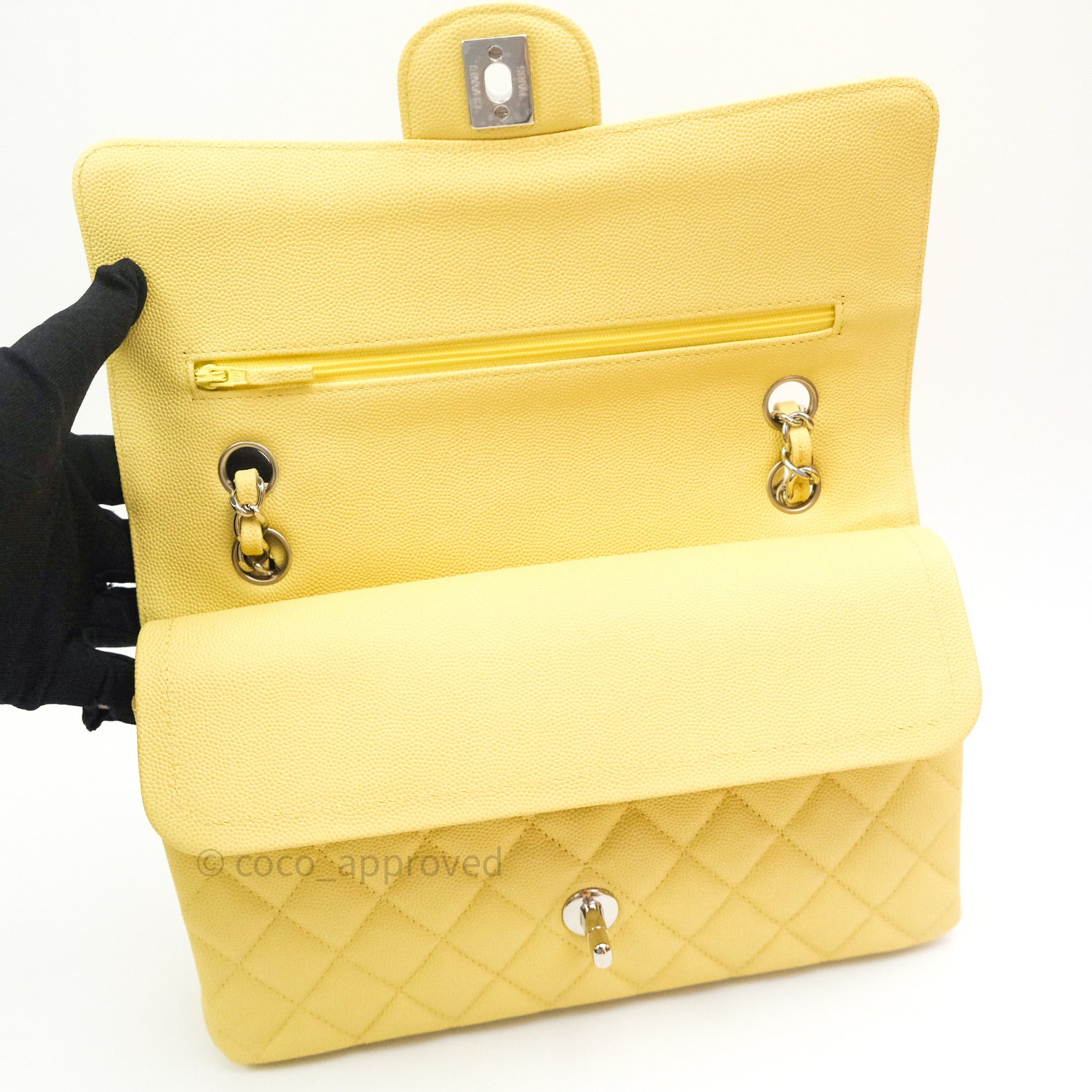 Chanel Classic Medium Double Flap Bag in Light Yellow Caviar Leather with Silver Hardware - Luxury Handbag for Women, Perfect for Date Nights & Special Occasions