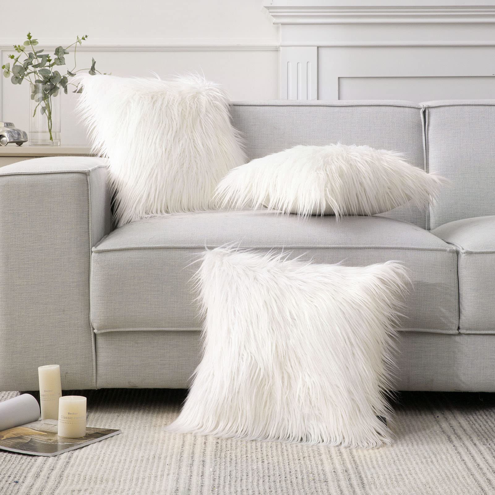 Premium Faux Fur Striped Decorative Pillow Covers (Pack of 2) - 24x24 Inch Soft Luxury Throw Pillow Cases for Bed, Sofa & Couch - Cream White Fuzzy Pillow Shams - Perfect for Living Room, Bedroom Decor & Cozy Home Accents