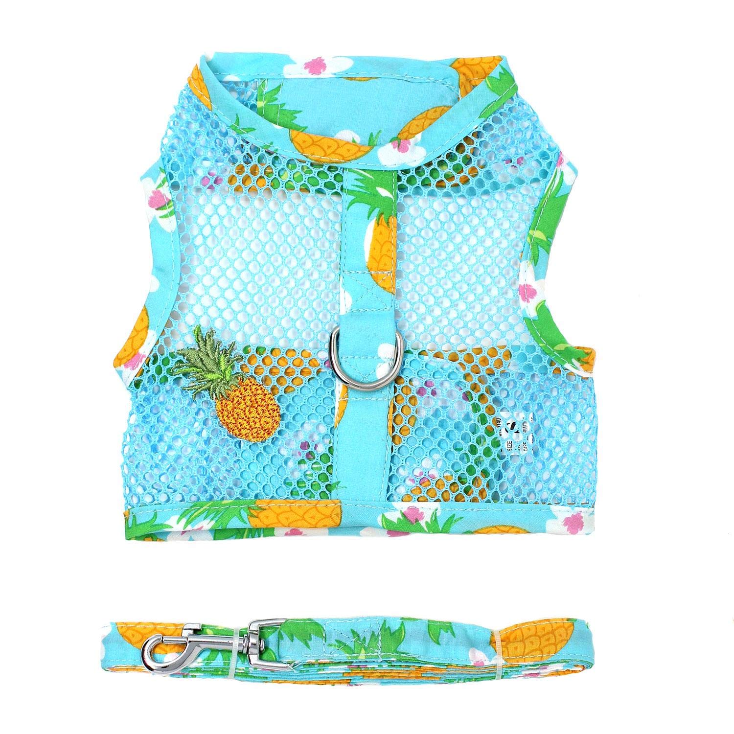 DOGGIE DESIGN Cool Mesh Dog Harness with Leash - Breathable Pineapple Luau Print Adjustable Pet Vest (Medium) - Perfect for Summer Walks, Beach Outings & Tropical Vacations