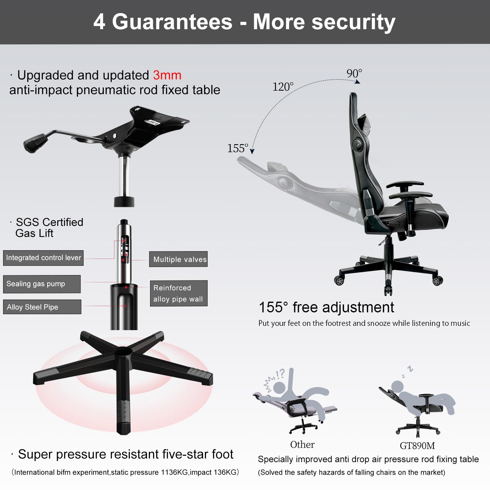 GTRACING Ergonomic Gaming Chair with Bluetooth Speakers - Heavy Duty Office Computer Desk Chair for Video Games & Music (Grey) - Perfect for Esports, Streaming & Home Office Setup