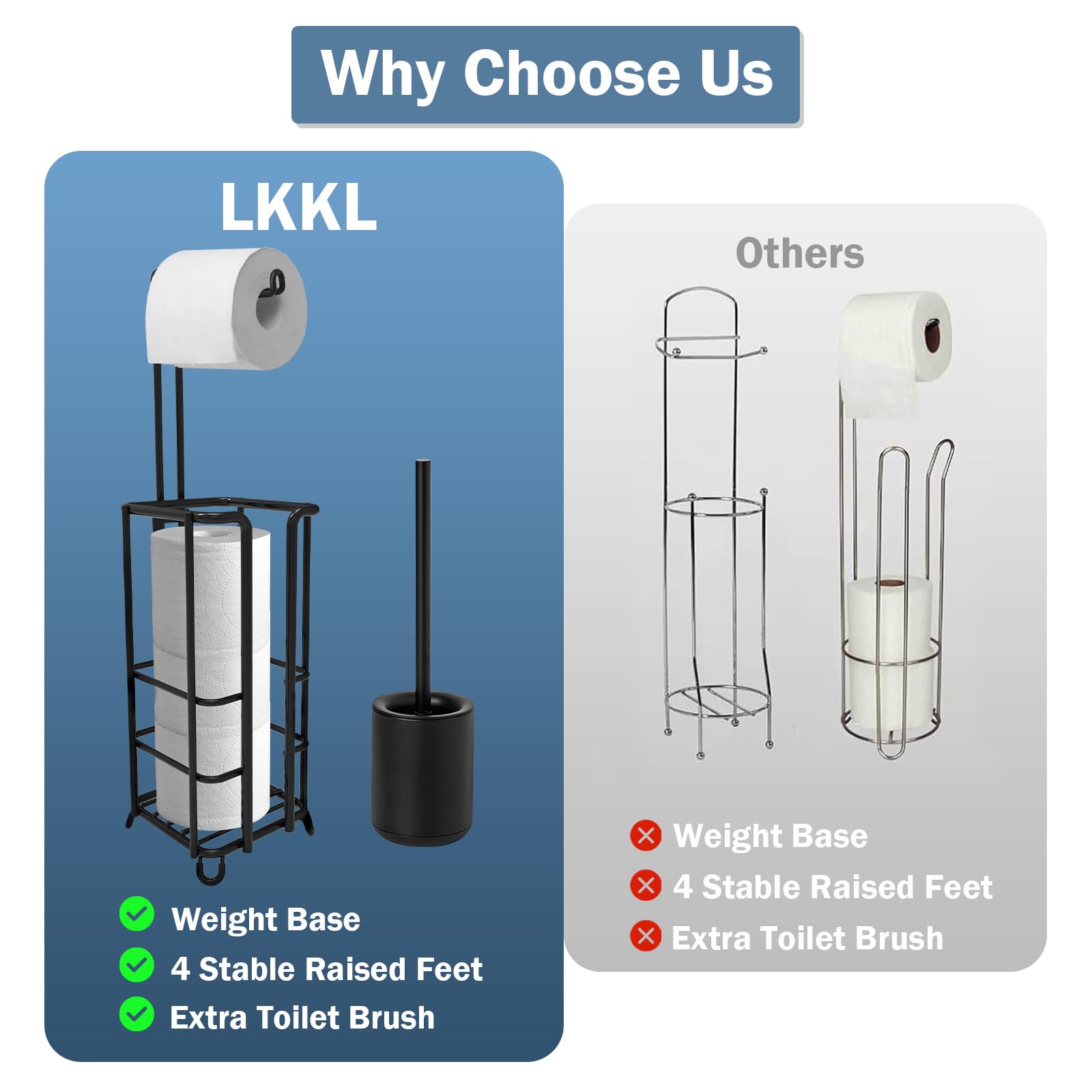Free Standing Toilet Paper Holder Stand with Toilet Brush Set - Black Bathroom Tissue Roll Dispenser for Home, Office & RV Use
