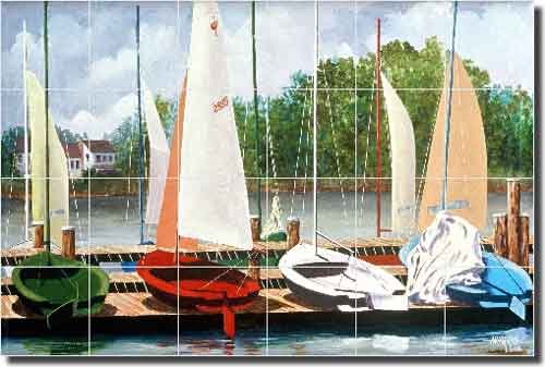 Hugh Harris Colorful Fleet Nautical Sailboats Ceramic Tile Mural - 25.5