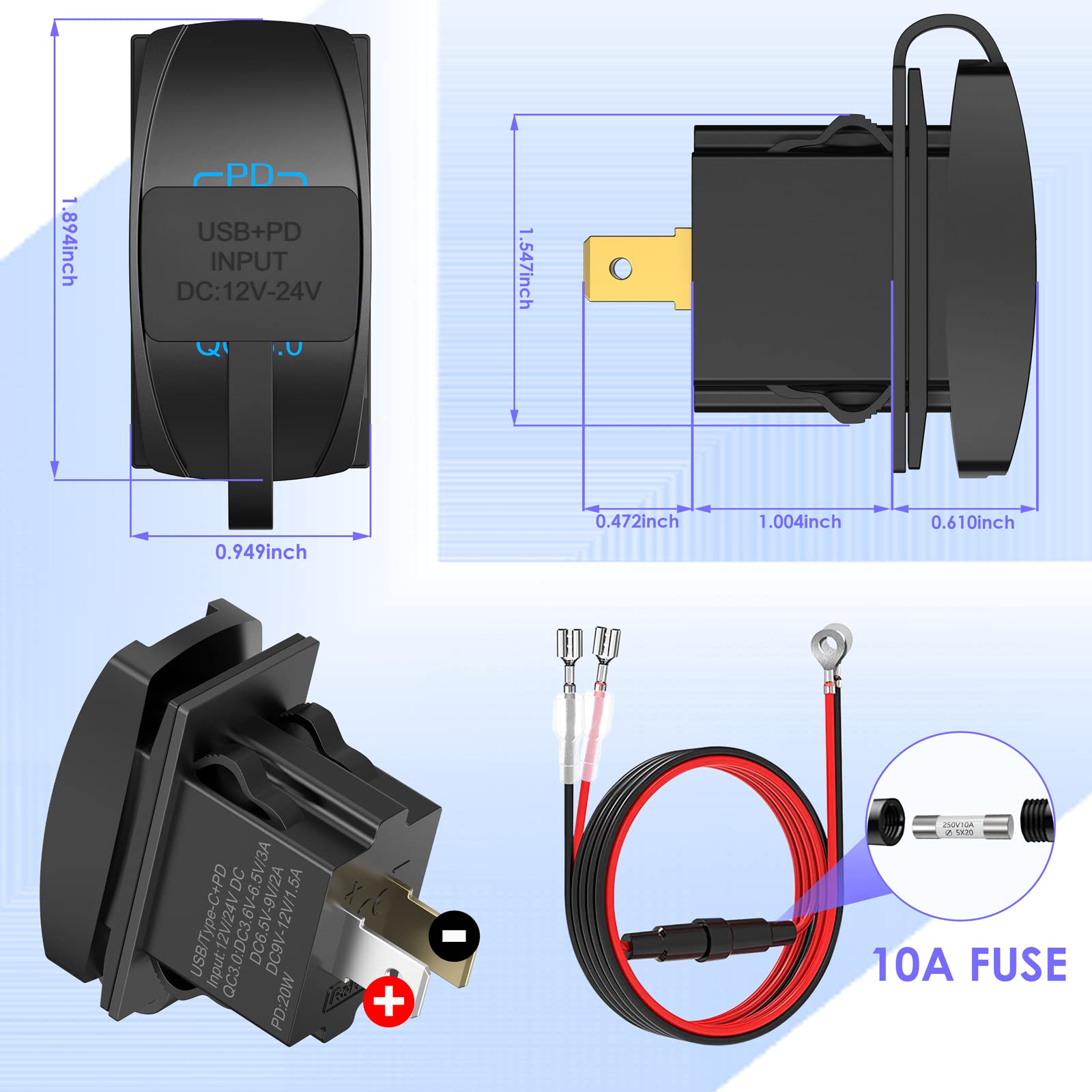 18W Quick Charge 3.0 & PD 20W USB Rocker Switch Charger with LED - Fast Charging for RV, Boat, Marine, Truck, UTV - Perfect for Road Trips & Outdoor Adventures