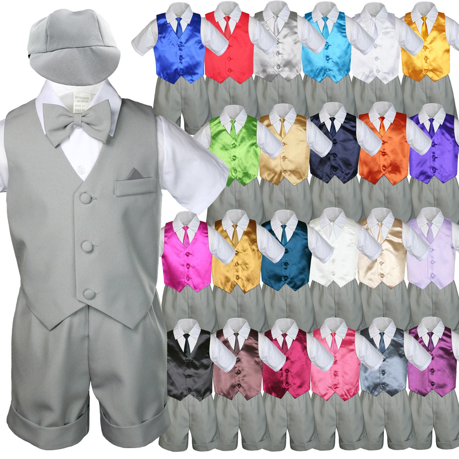 7-Piece Baby Boy Formal Suit Set with Bow Tie, Shorts, Vest & Necktie - Grey Outfit for Special Occasions (Sizes S-4T) - Perfect for Weddings, Photoshoots & Birthday Parties